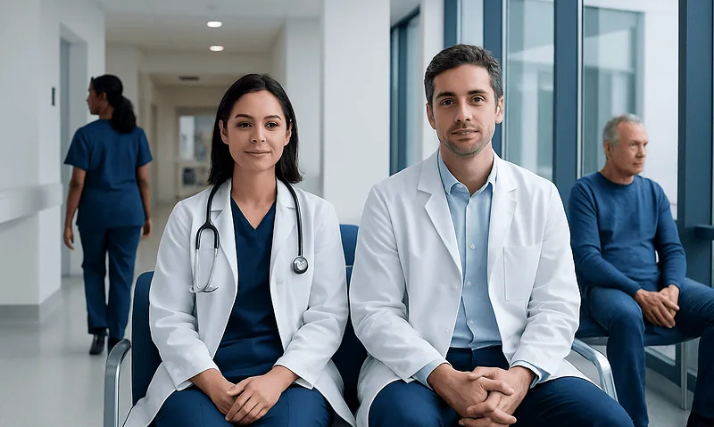 Medical professionals waiting in a hospital corridor with patients in the background.