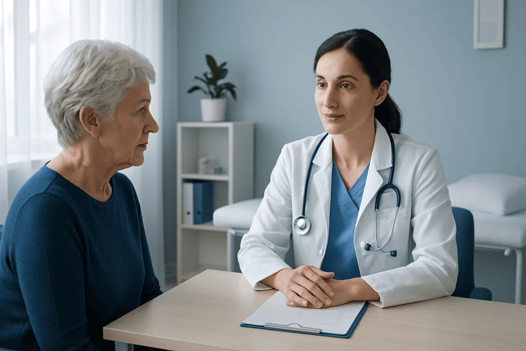 Doctor consulting with elderly patient in a medical office.