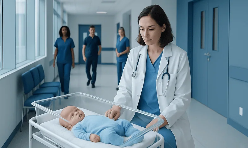 Pediatric nurse and doctor caring for a baby in hospital nursery.