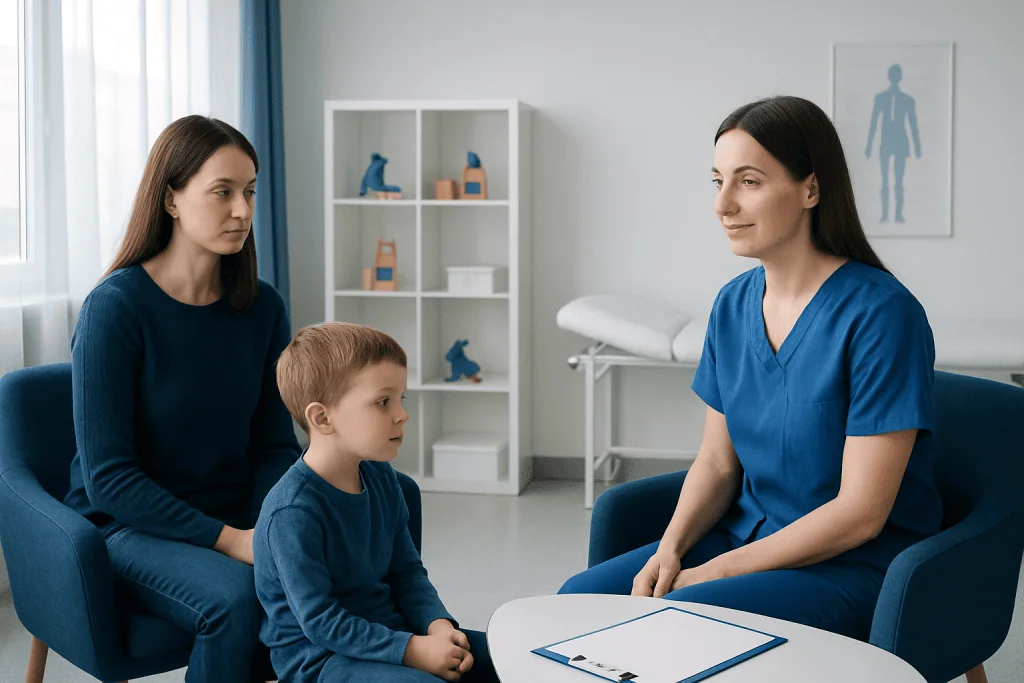 Pediatric occupational therapist consulting with young patient and parent in clinic.