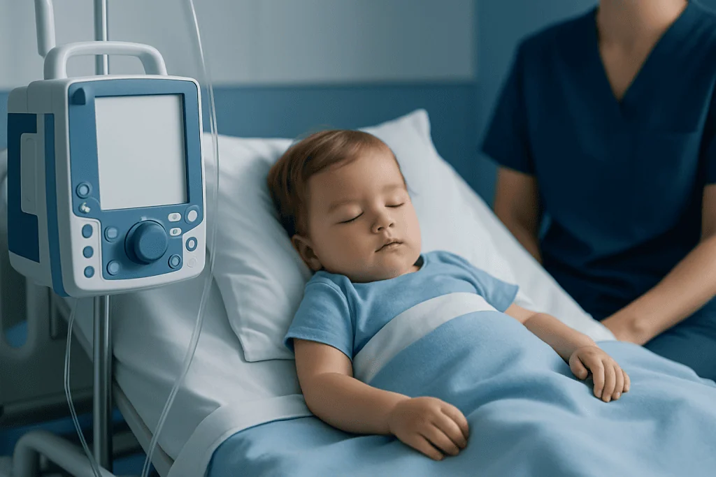Young child sleeping in hospital bed with medical monitor nearby.