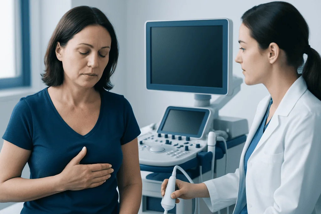 Doctor examining a woman with breast discomfort in a medical clinic.