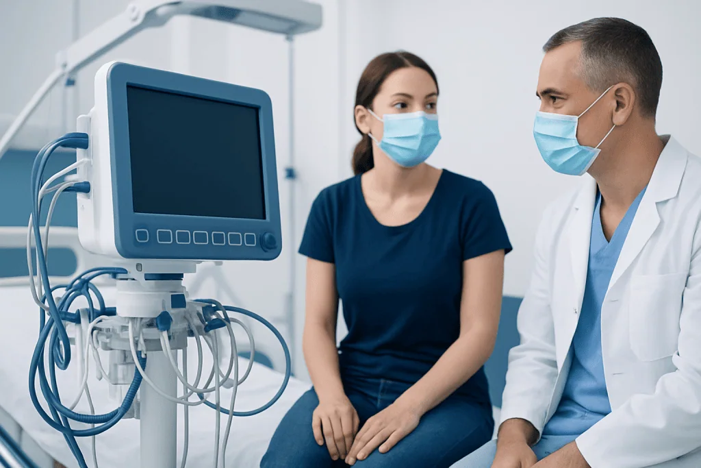 Doctor and patient wearing masks in a hospital consultation room.