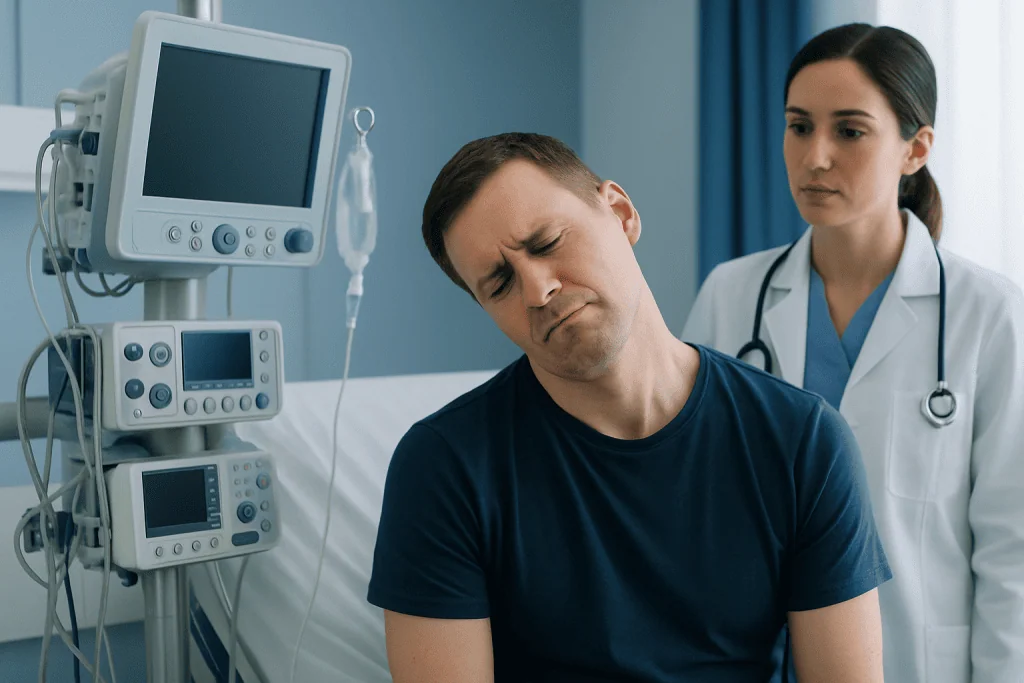 Patient experiencing neck pain in a hospital setting with medical monitors nearby.