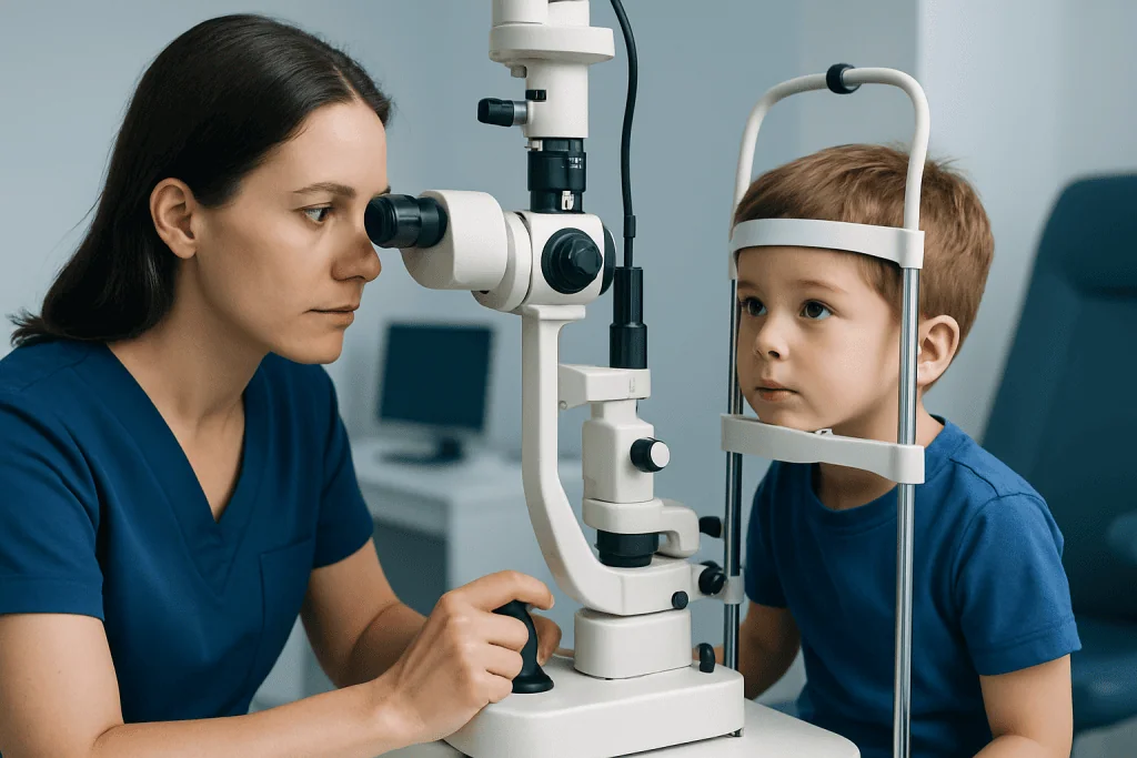 Optometrist examining child's eye with slit lamp in clinic.