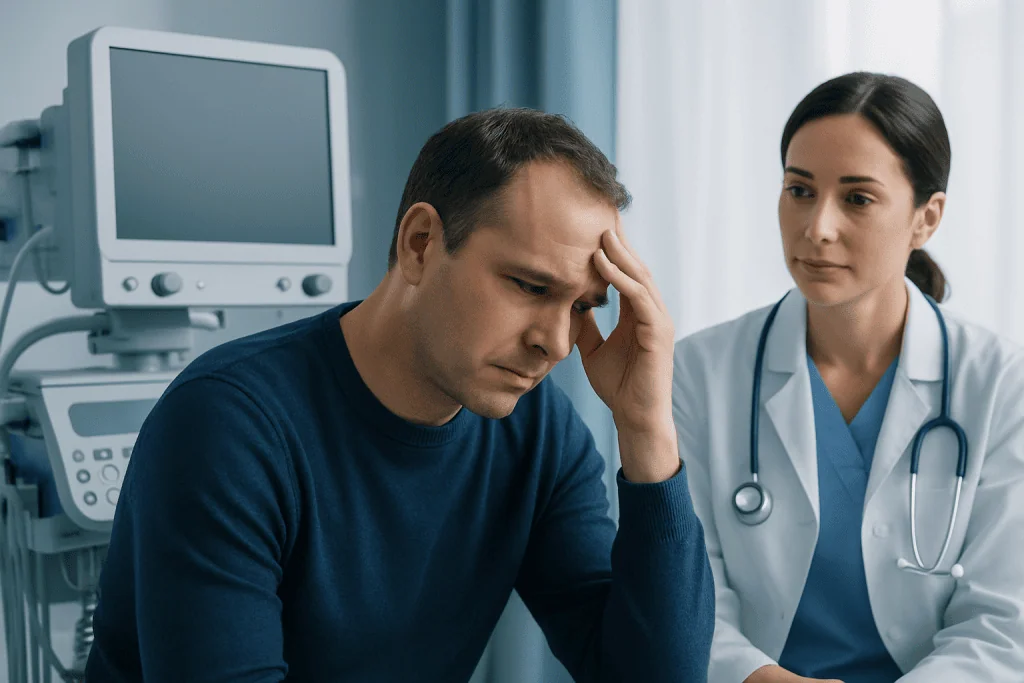 Patient experiencing headache consultation with doctor in hospital.