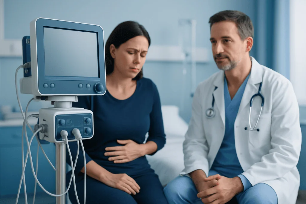 Doctor consulting with patient about abdominal discomfort in hospital room.