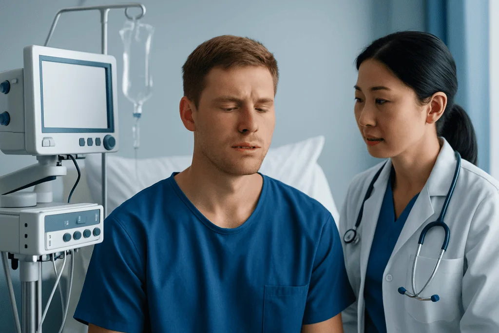 Patient consulting with a doctor in a hospital room.