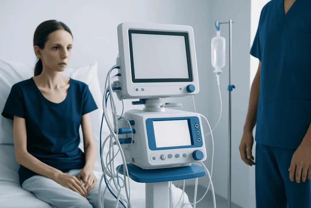 Young woman in hospital gown sitting near medical ventilator equipment.