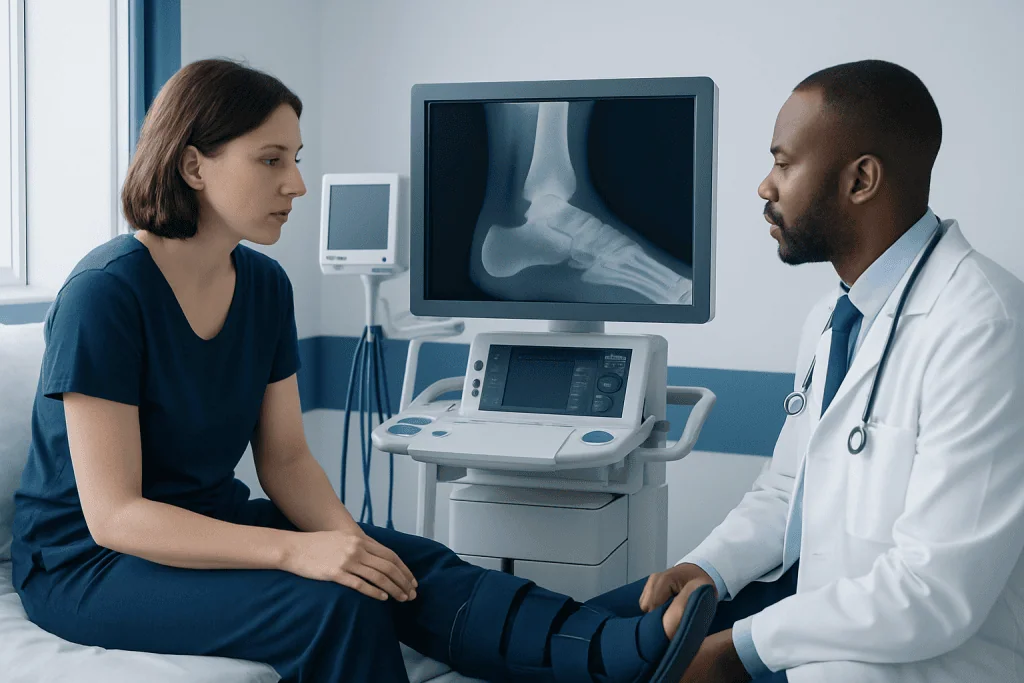 Doctor explaining ankle X-ray to patient in hospital setting.