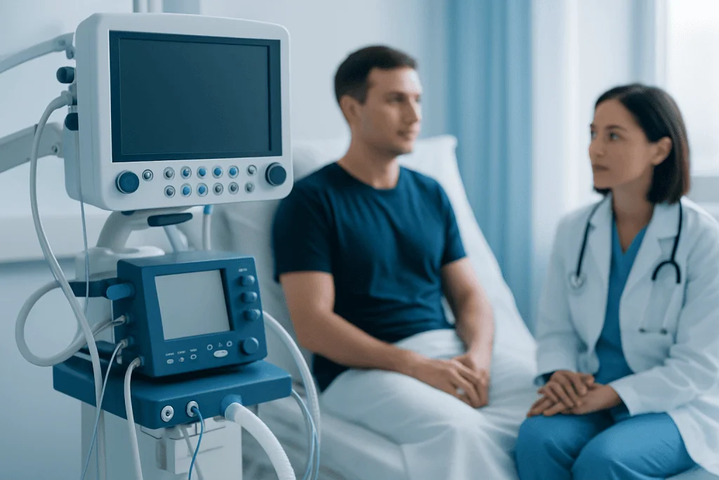 Doctor consulting patient in hospital room with medical monitors.