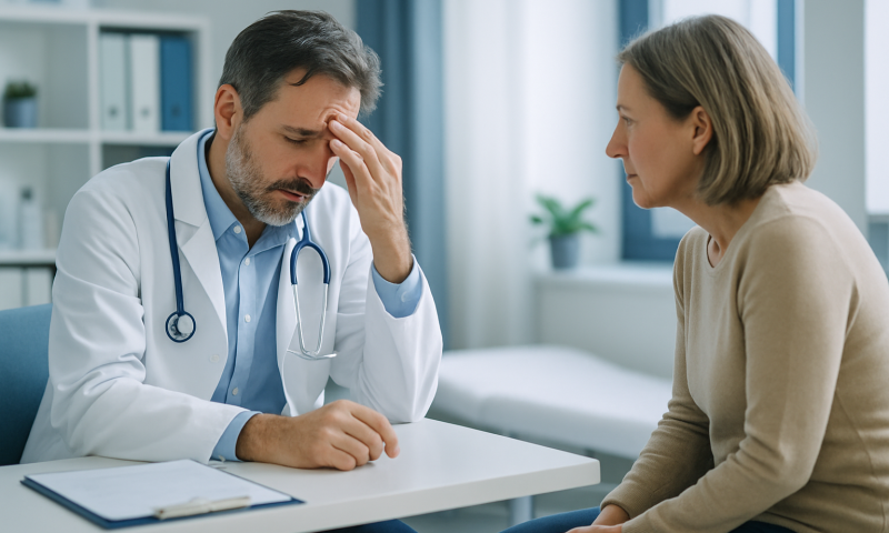 Doctor consulting with a patient about health concerns in a medical office.