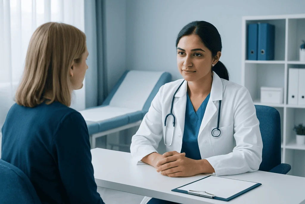 Doctor consulting with a patient in a medical office setting.