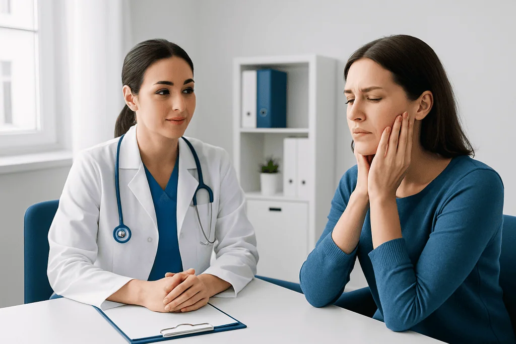 Doctor consulting with a patient experiencing facial pain or discomfort.