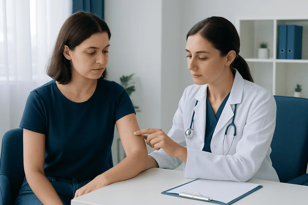 Doctor examining patient's arm in a medical consultation at Acibadem Hospital.