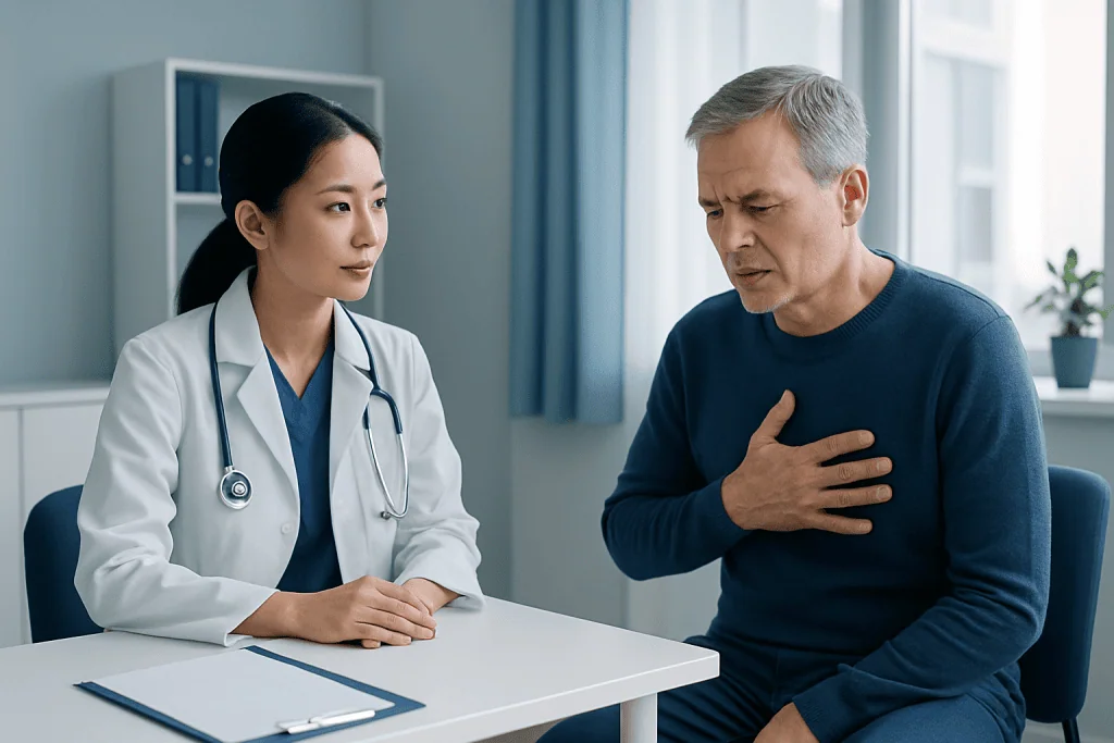 Doctor consulting with a patient about chest pain in a modern clinic.