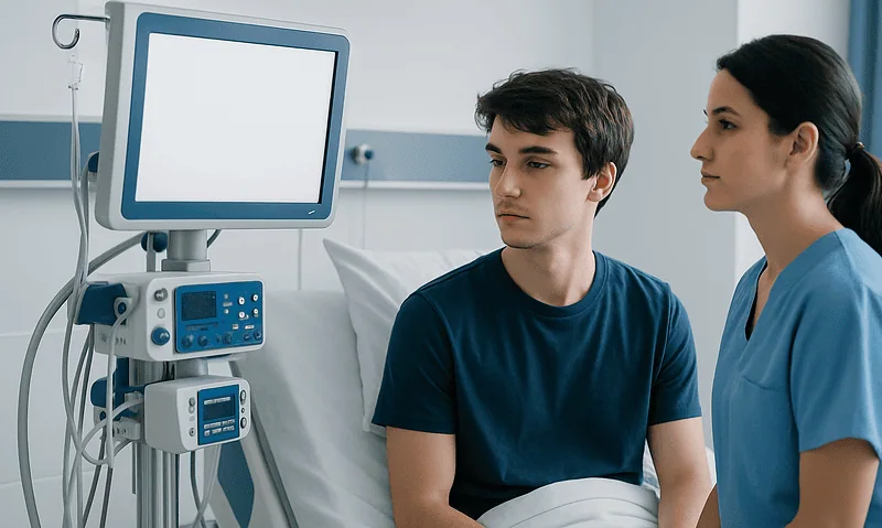 Young man in hospital bed with medical monitor and nurse beside him.