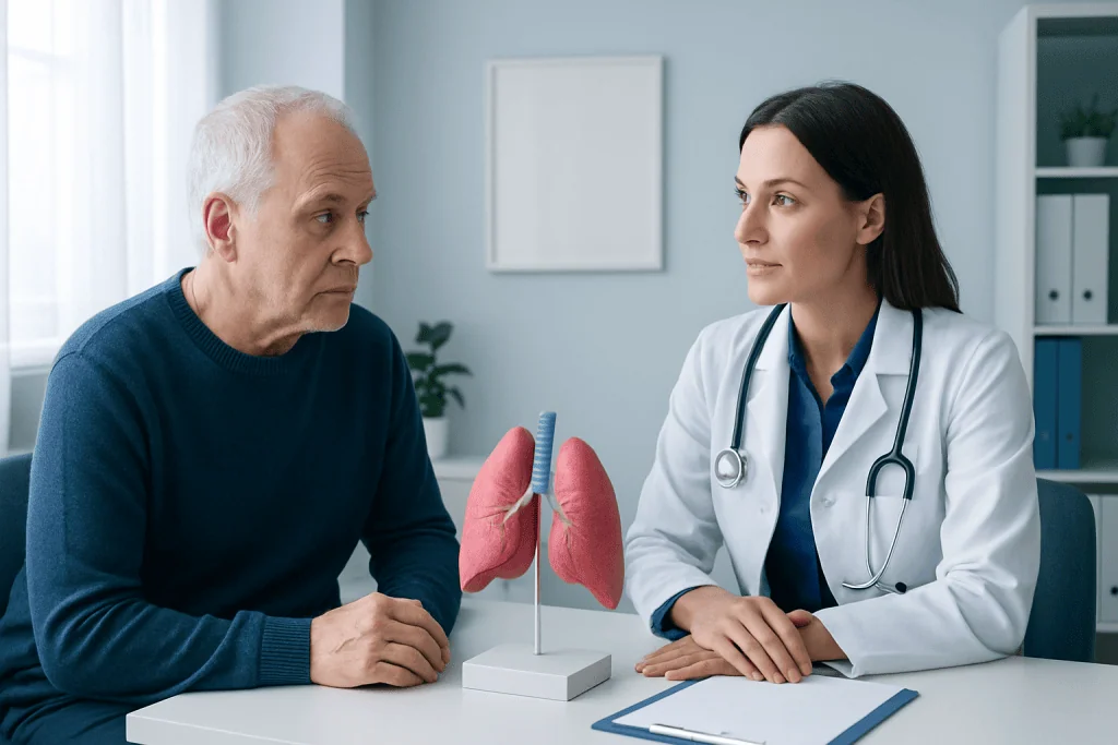 Pulmonary consultation with a doctor and patient discussing lung health.
