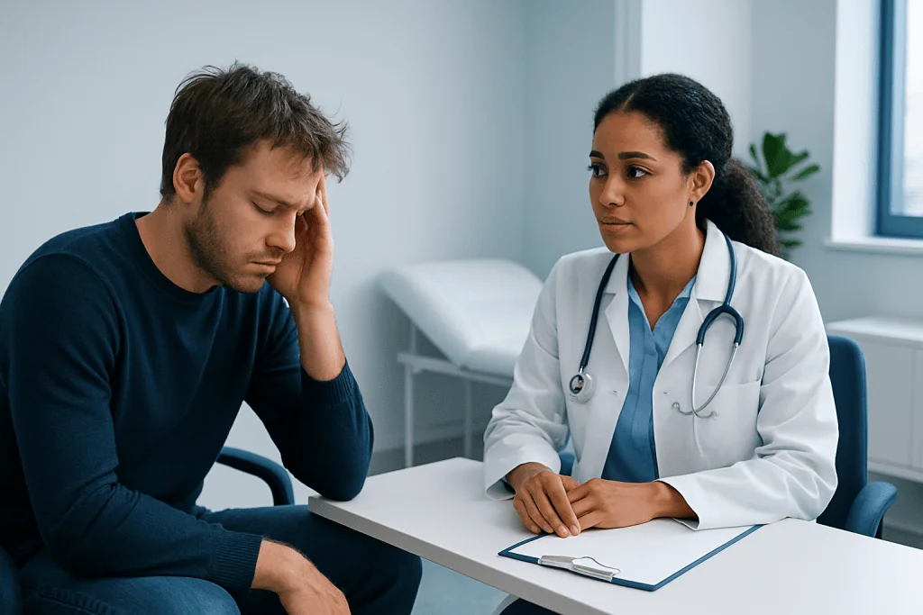 Doctor consulting with a distressed patient in a medical office.