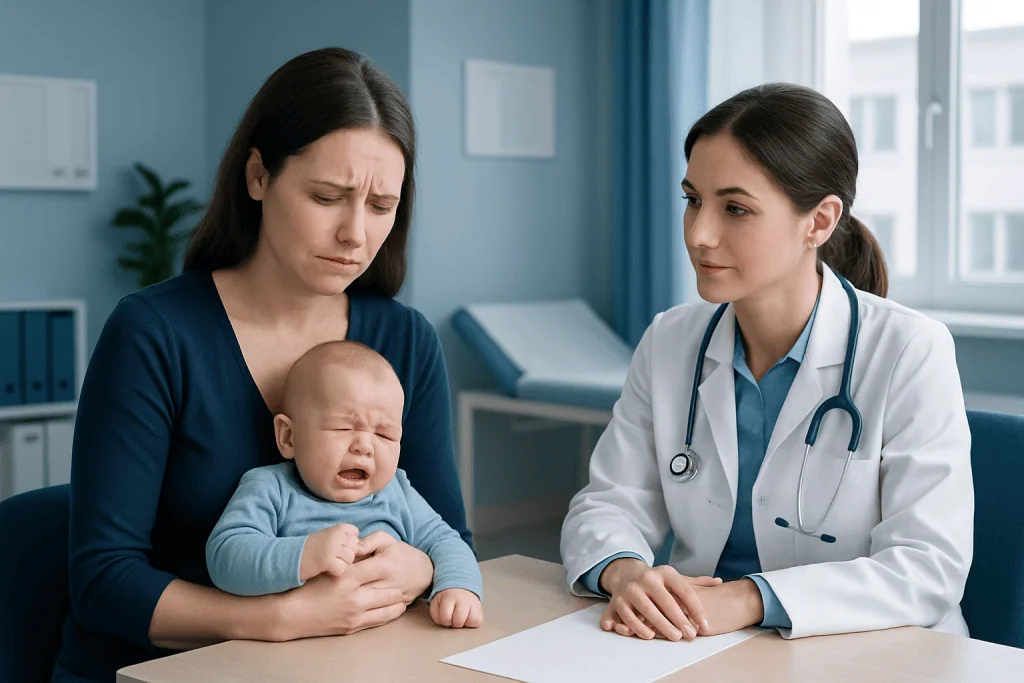 Pediatric consultation with a crying baby and caring doctor in a hospital setting.
