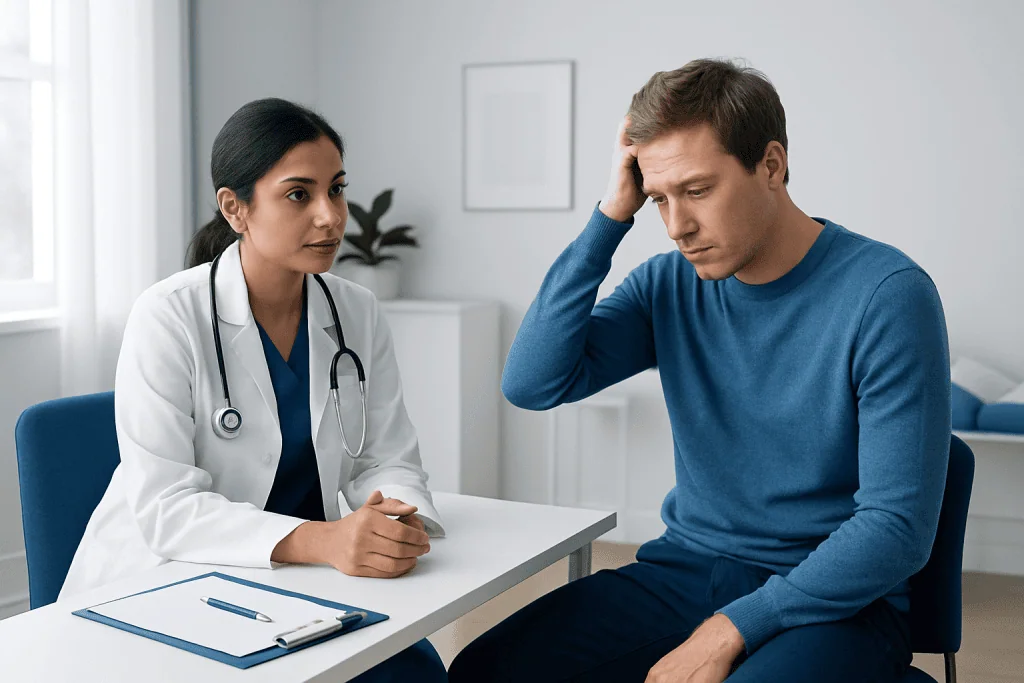 Doctor consulting with a male patient in a medical office.
