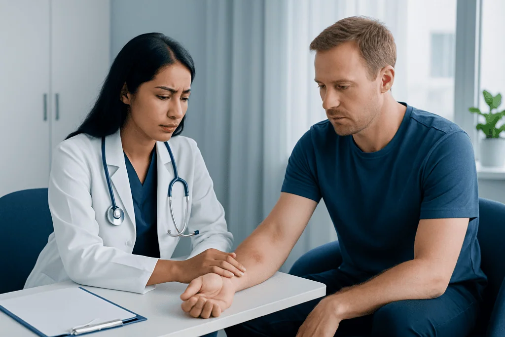 Doctor examining a patient's arm for skin discoloration or injury.
