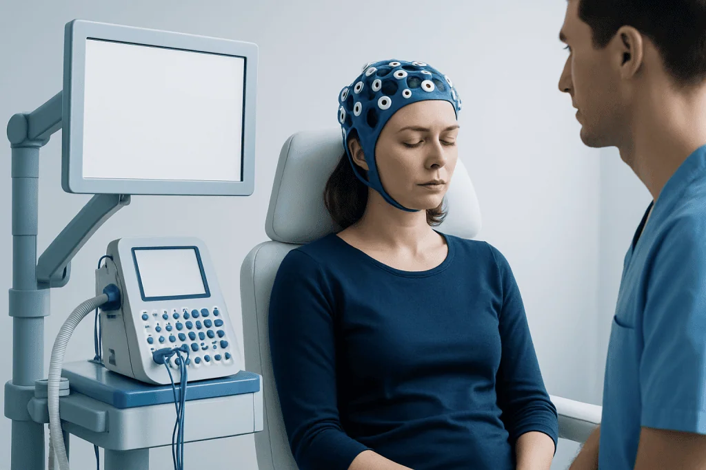 Patient undergoing neurological test with EEG cap in a clinical setting.