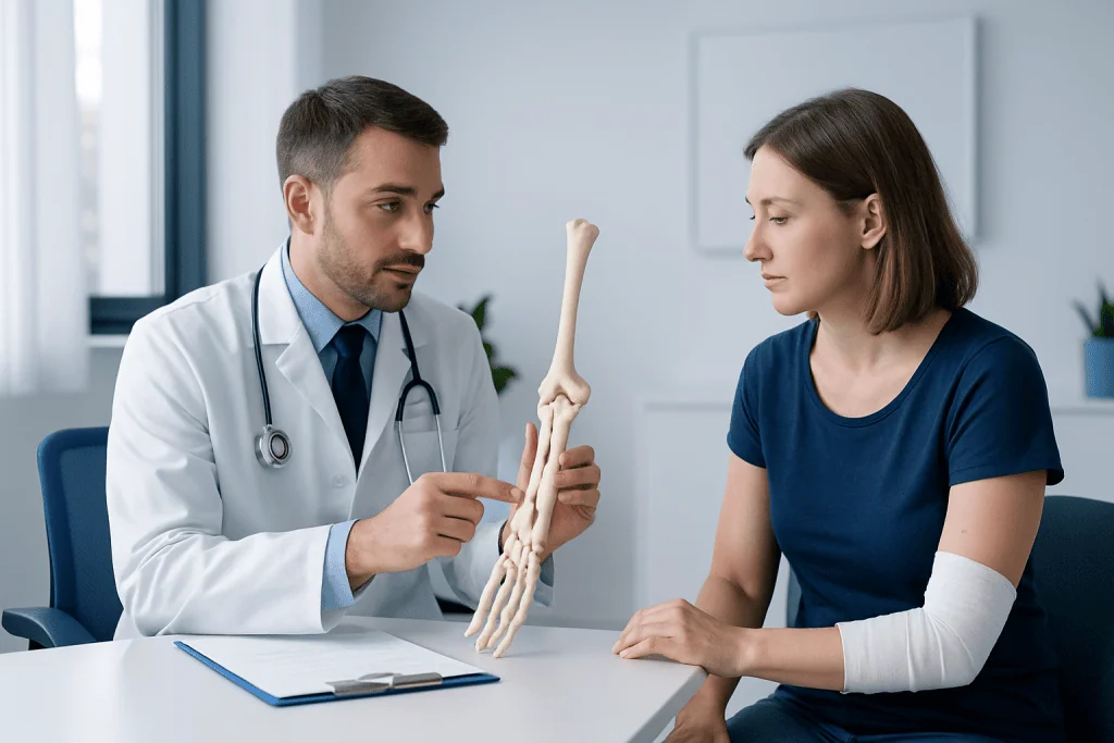 Doctor explaining bone fracture treatment to a patient in a consultation room.