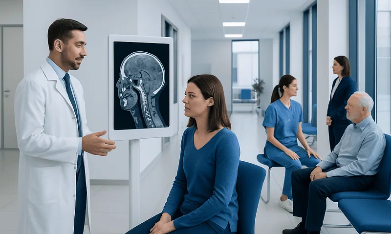 Doctor explaining brain MRI scan to patient in hospital corridor.