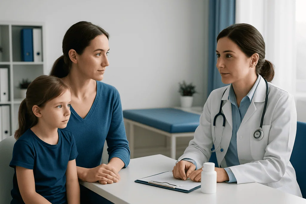 Doctor consulting mother and daughter about children's probiotics in a clinic.