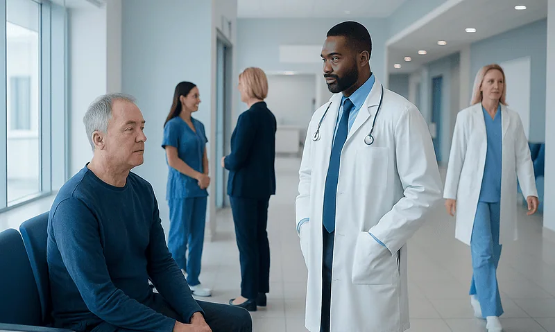 Doctor consulting with elderly patient in hospital corridor.