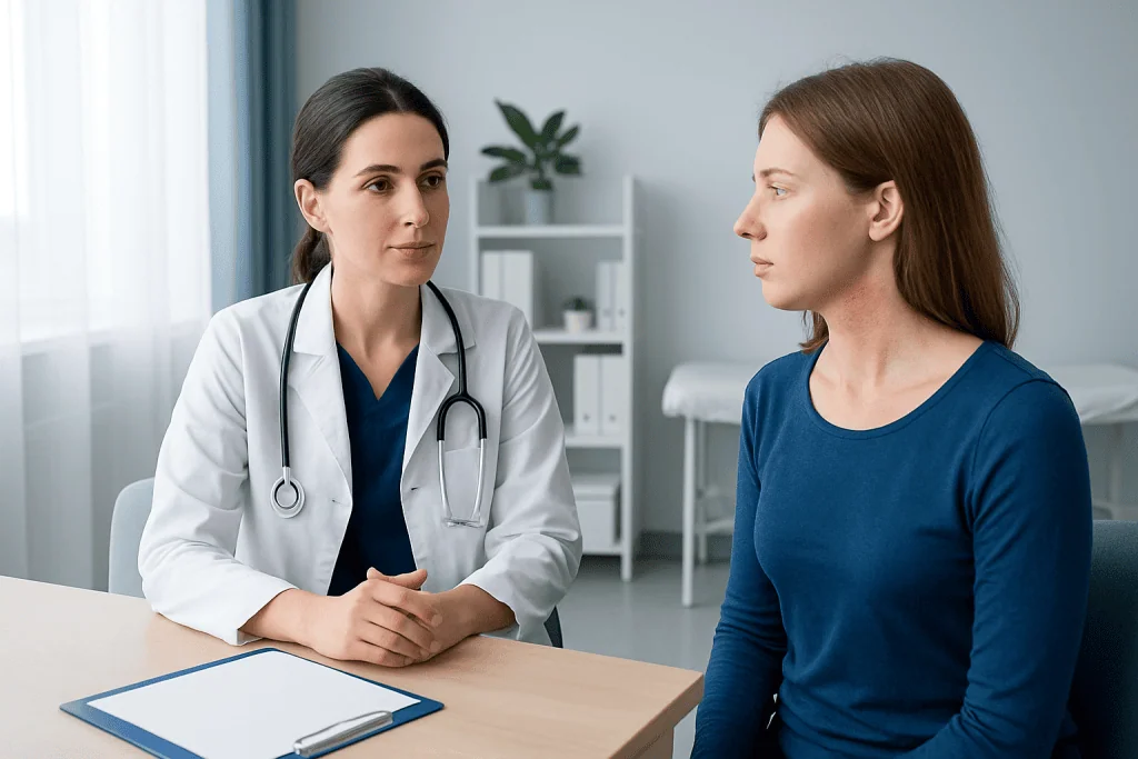 Doctor consulting patient in a medical office setting.