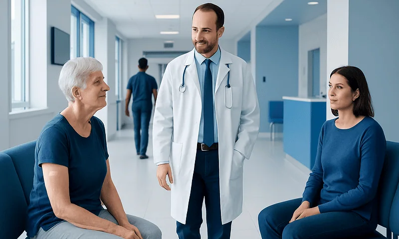 Doctor consulting with elderly woman and young woman in hospital corridor.