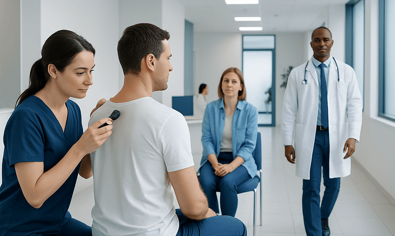 Skin cancer screening consultation at a hospital with medical staff and patient.