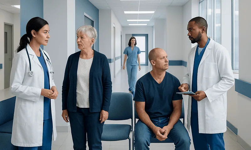 Medical team consulting with a patient in hospital corridor.