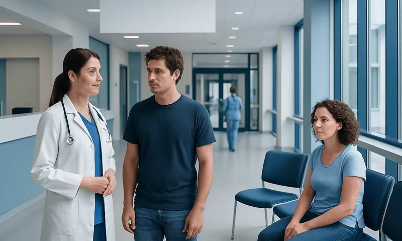 Doctor consulting with patients in a modern hospital corridor.