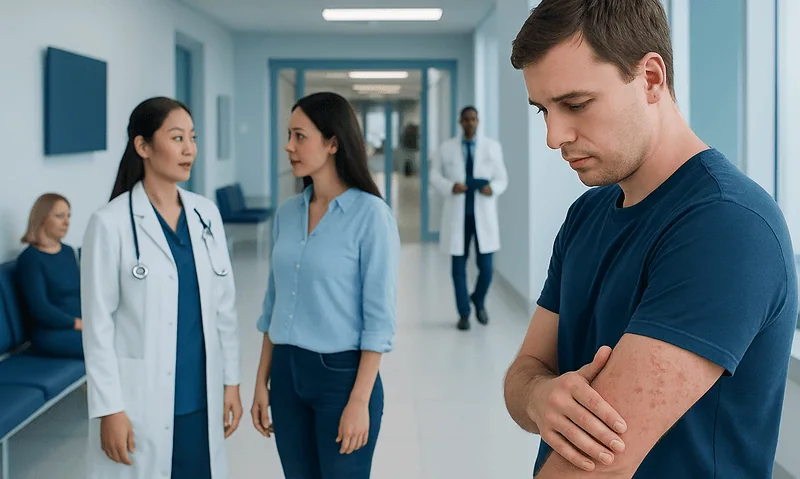 Patient with skin rash consulting healthcare professionals in hospital corridor.