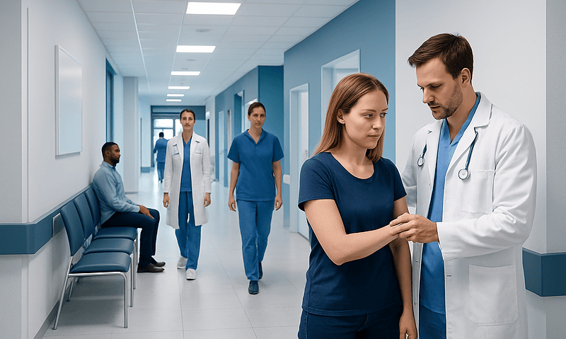 Healthcare professionals in a hospital corridor with a patient and staff.