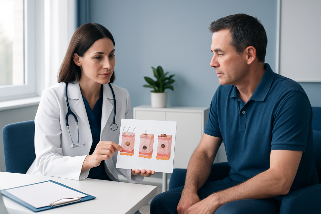 Dermatologist explains skin tumor treatment options to patient.