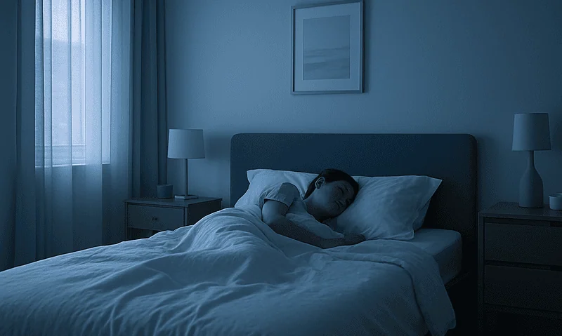 Person sleeping peacefully in a dimly lit bedroom at night.