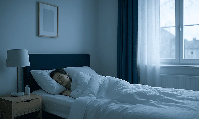 Young woman sleeping peacefully in a modern bedroom with blue accents.