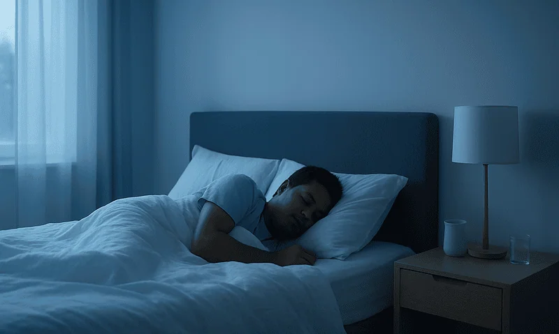 Person sleeping peacefully in a dark bedroom with blue lighting.
