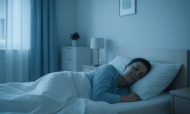 Woman sleeping peacefully in a modern bedroom with blue lighting.