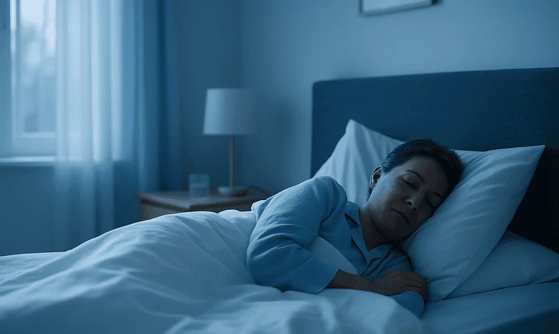 Woman sleeping peacefully in a modern bedroom with blue tones.