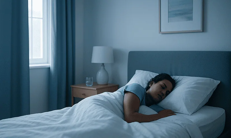 Woman sleeping peacefully in a modern bedroom with natural light.