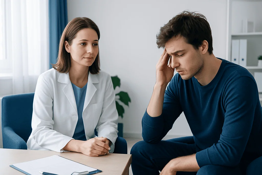 Doctor consulting with a young man experiencing stress or anxiety.