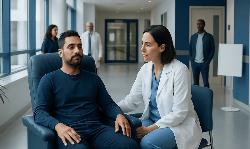 Doctor consulting with patient in hospital corridor for sleep disorder treatment.