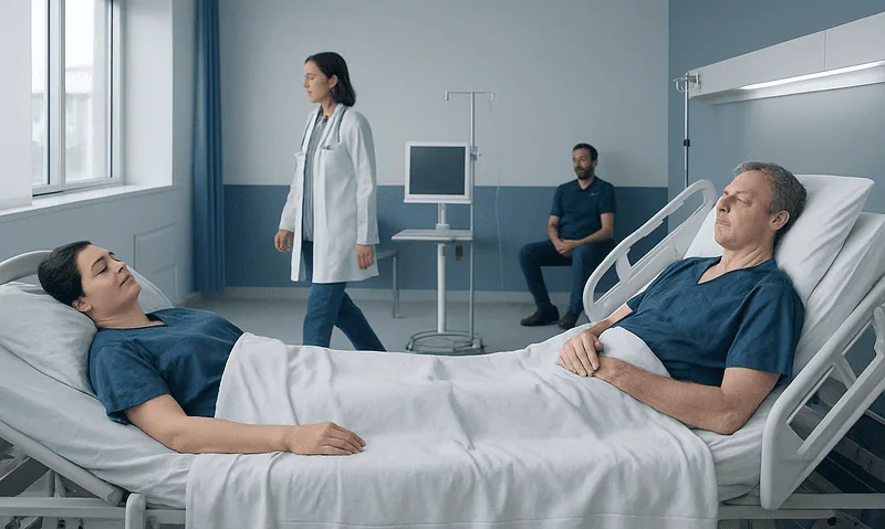 Patient lying in hospital bed with medical staff and visitors in a hospital room.