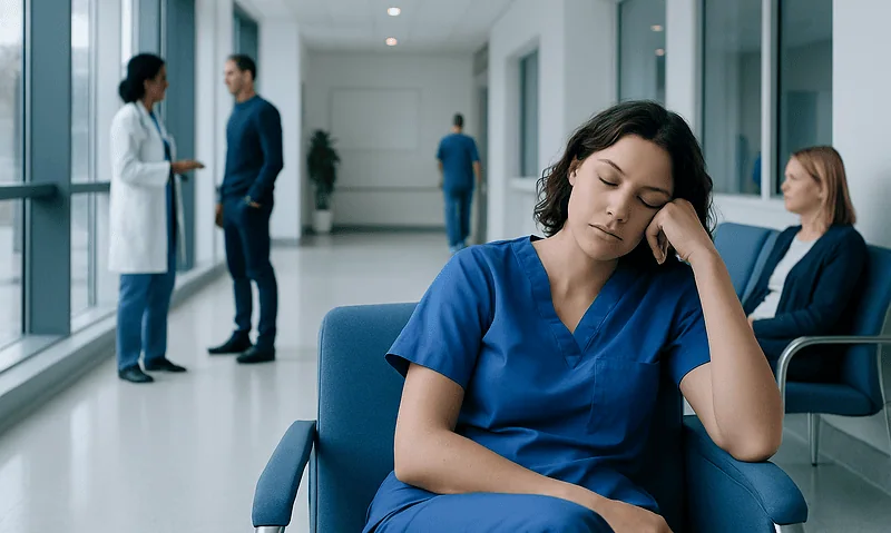 Young female nurse resting in hospital corridor with patients and staff in background.