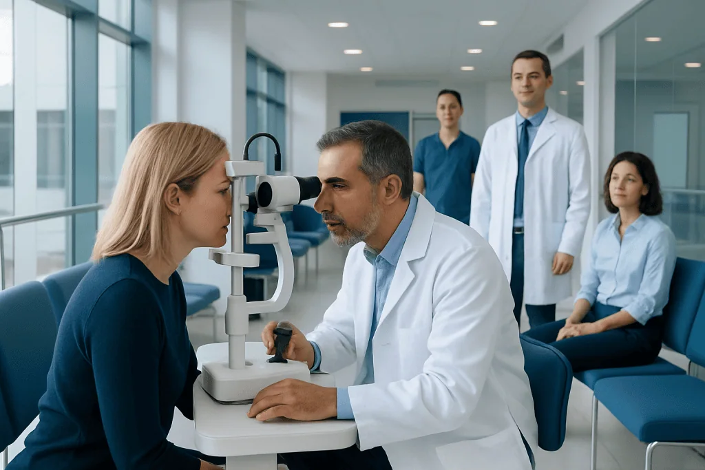 Slit Lamp Exam — Explained by Medical Evidence, Not Myths 1 Ophthalmologist performs slit lamp exam on patient at Acibadem Hospital.